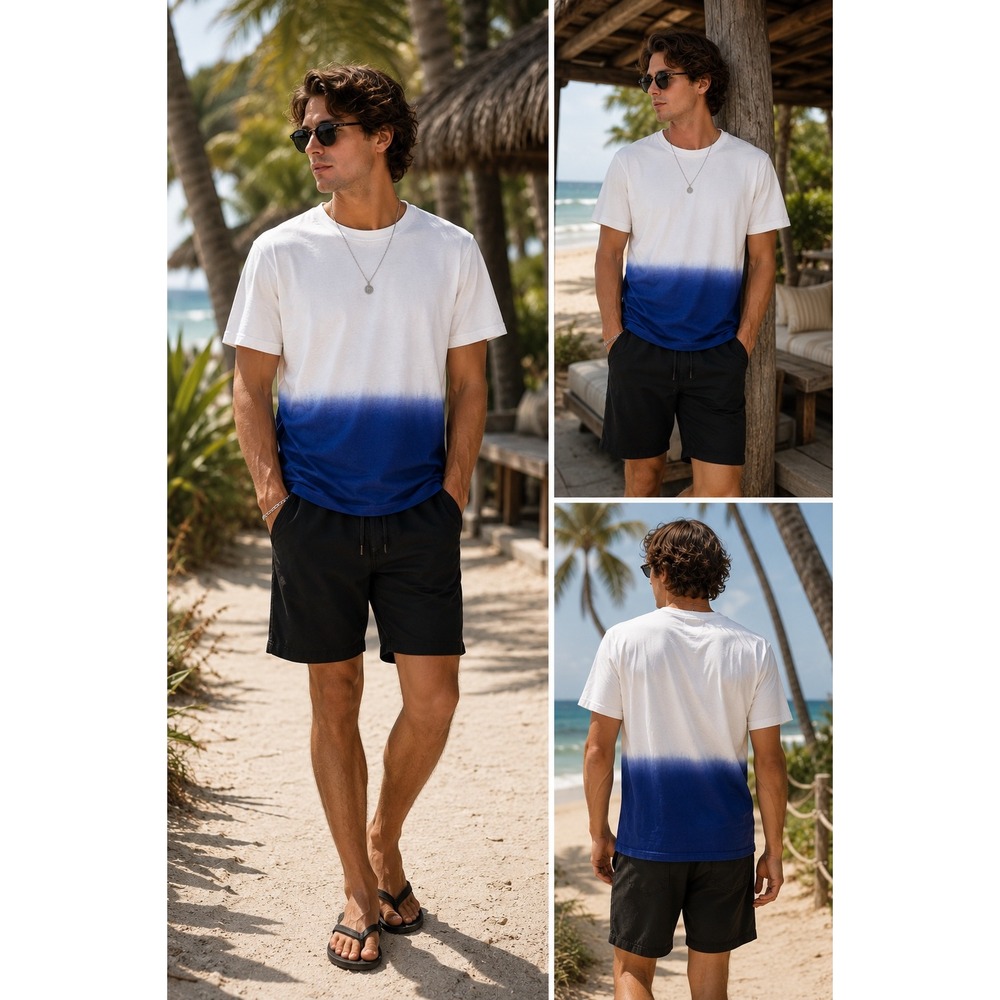 Blue Crown T-Shirt Mens M White Blue 100% Cotton Ombre Dip Dye Short Sleeve Tee